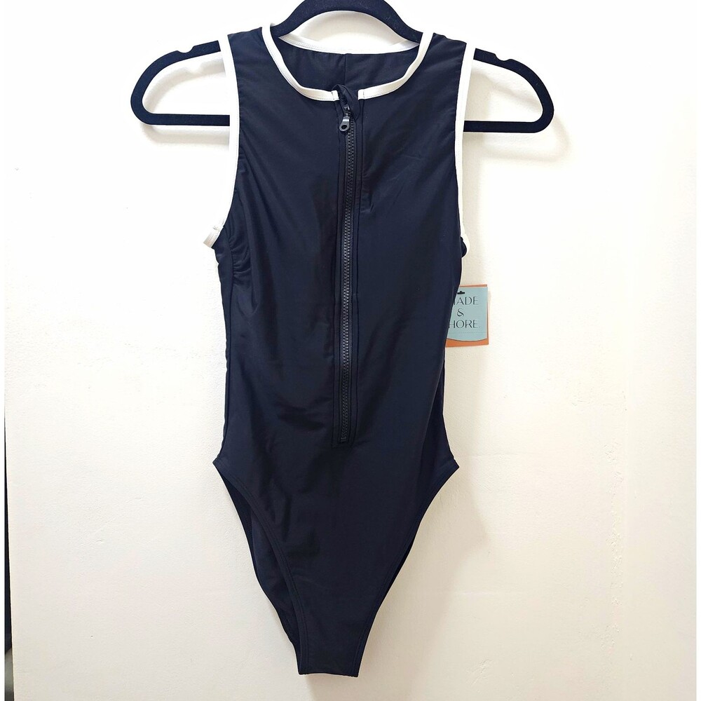 Shade & Shore Women's Zip Front Swimsuit Black White Trim Nwt Small Surf Beach